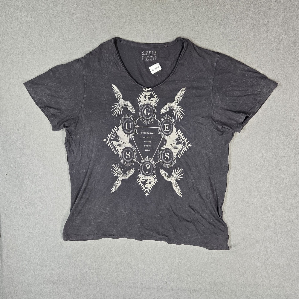 GUESS Men Shirt XL Gray Graphic Eagle Crest Logo Short Sleeve
